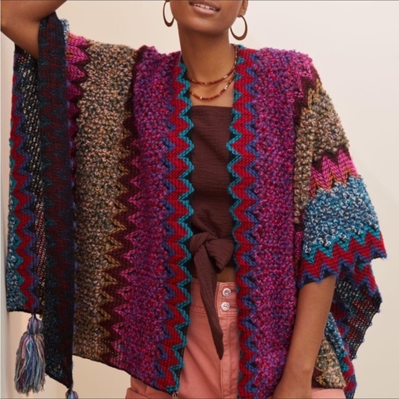 Anthropologie Sweaters - RARE Anthropologie Knit Fringe Kimono Shawl Cape Poncho Free People
